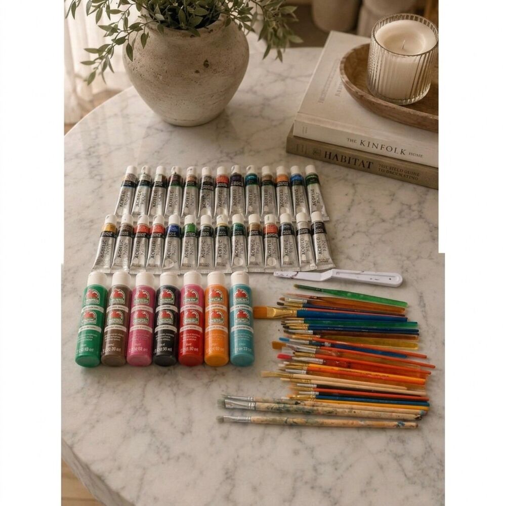 Acrylic Paint Tubes Brushes and Palette Knife Lot